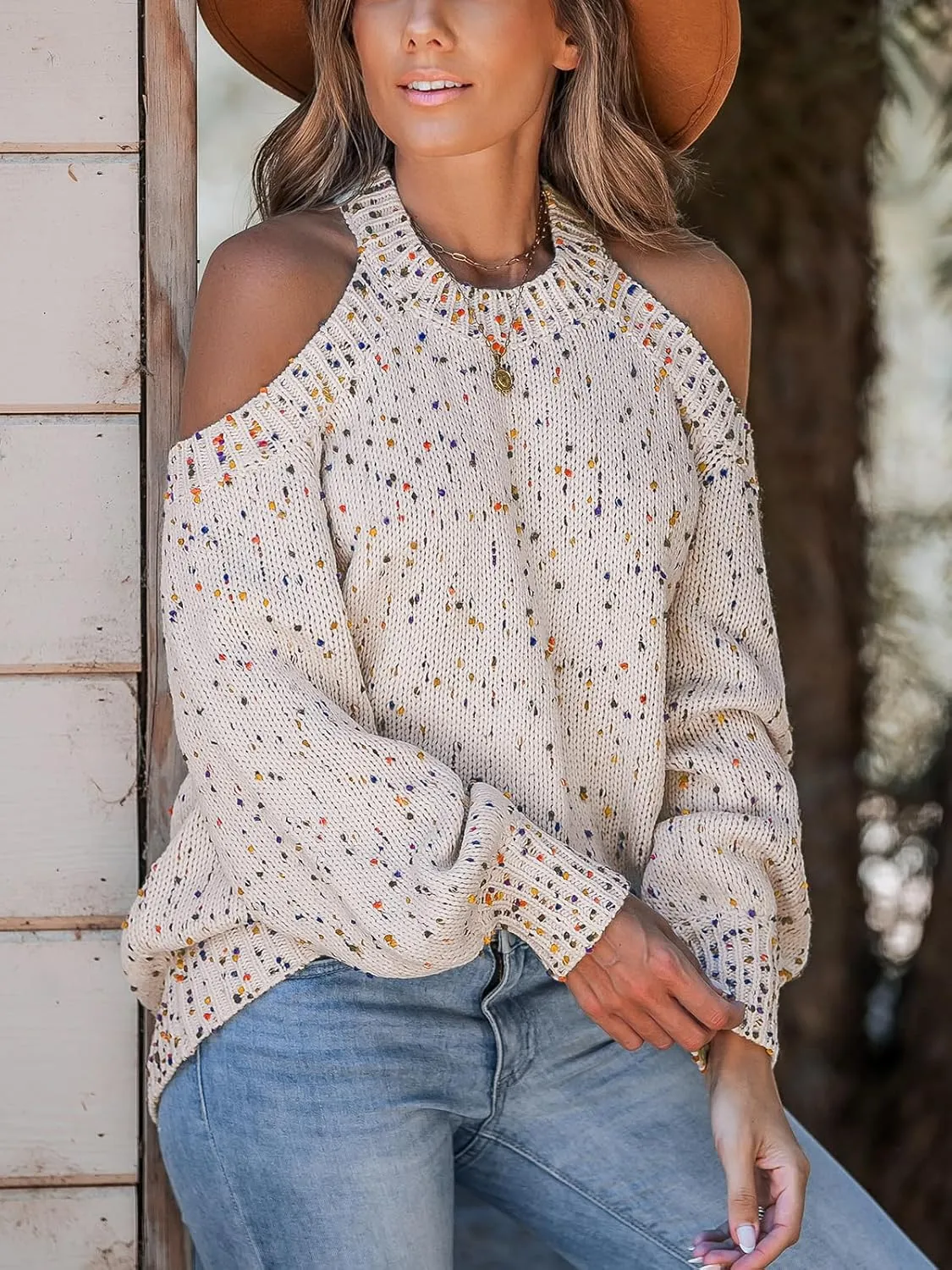 CUPSHE Women's Cold Shoulder Oversized Sweaters Long Sleeve Criss Cross Rainbow Pom Knit Jumper Tops
