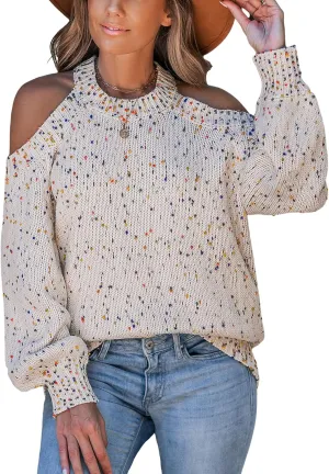CUPSHE Women's Cold Shoulder Oversized Sweaters Long Sleeve Criss Cross Rainbow Pom Knit Jumper Tops