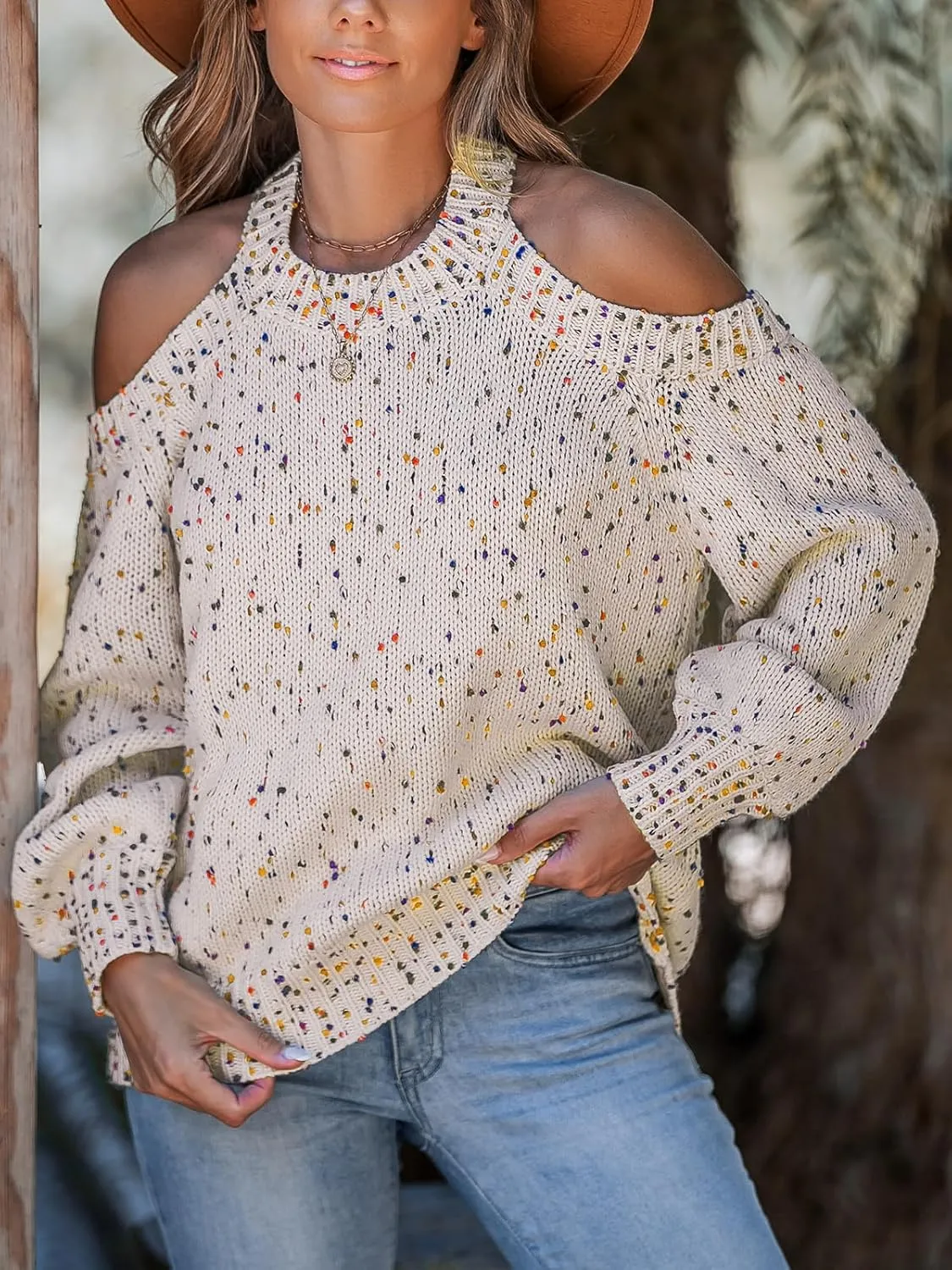 CUPSHE Women's Cold Shoulder Oversized Sweaters Long Sleeve Criss Cross Rainbow Pom Knit Jumper Tops
