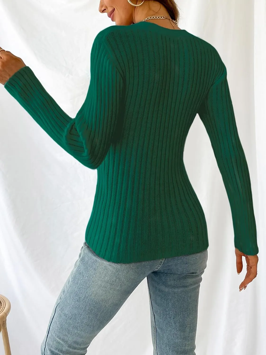 CUPSHE Women's Ribbed Long Sleeve Sweater 2024 Fall Knit V Neck Pullover Sweater Tops