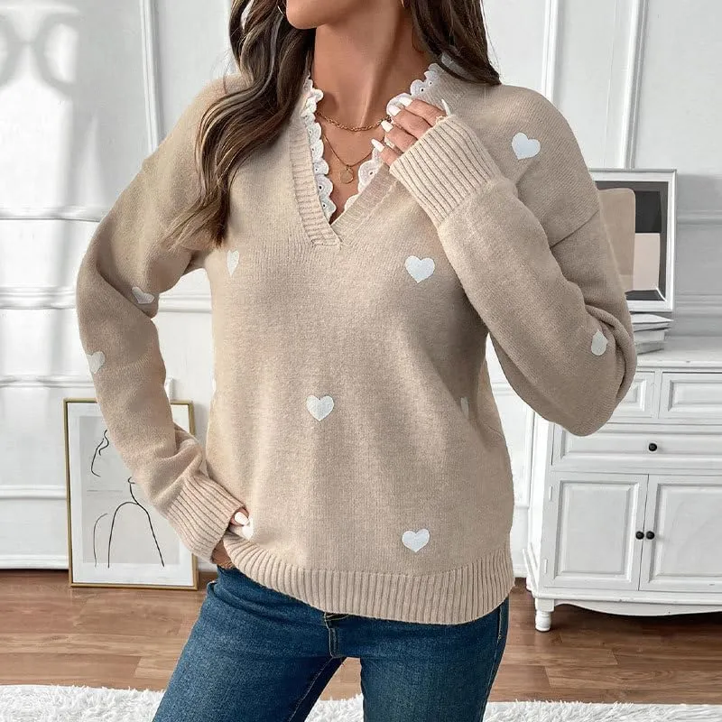 Cute Heart Print Sweater for Women - V-Neck Sweater Pullovers with Lace Trim, Knit Jumper