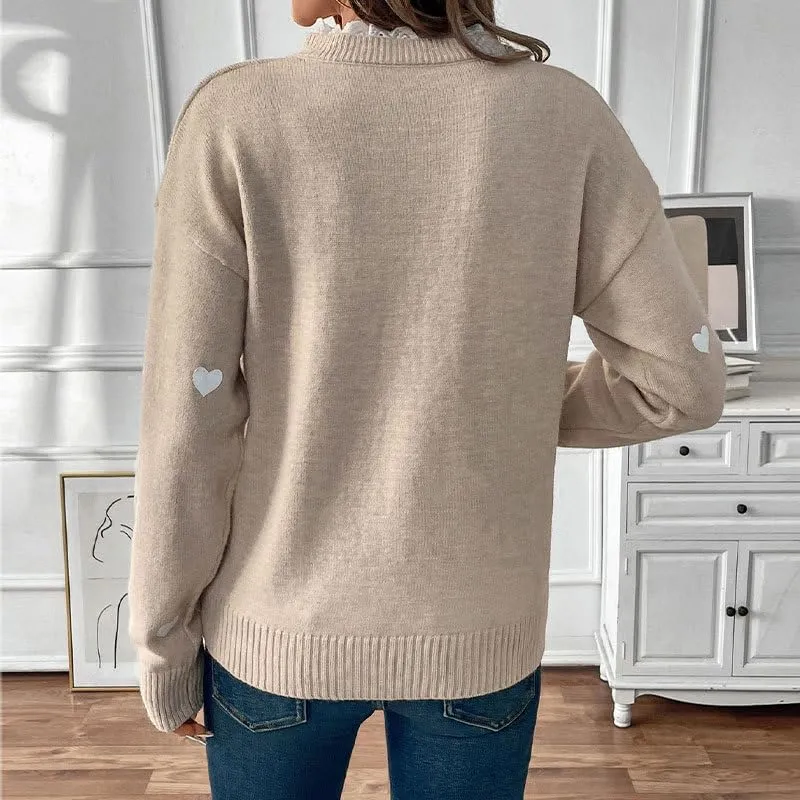 Cute Heart Print Sweater for Women - V-Neck Sweater Pullovers with Lace Trim, Knit Jumper