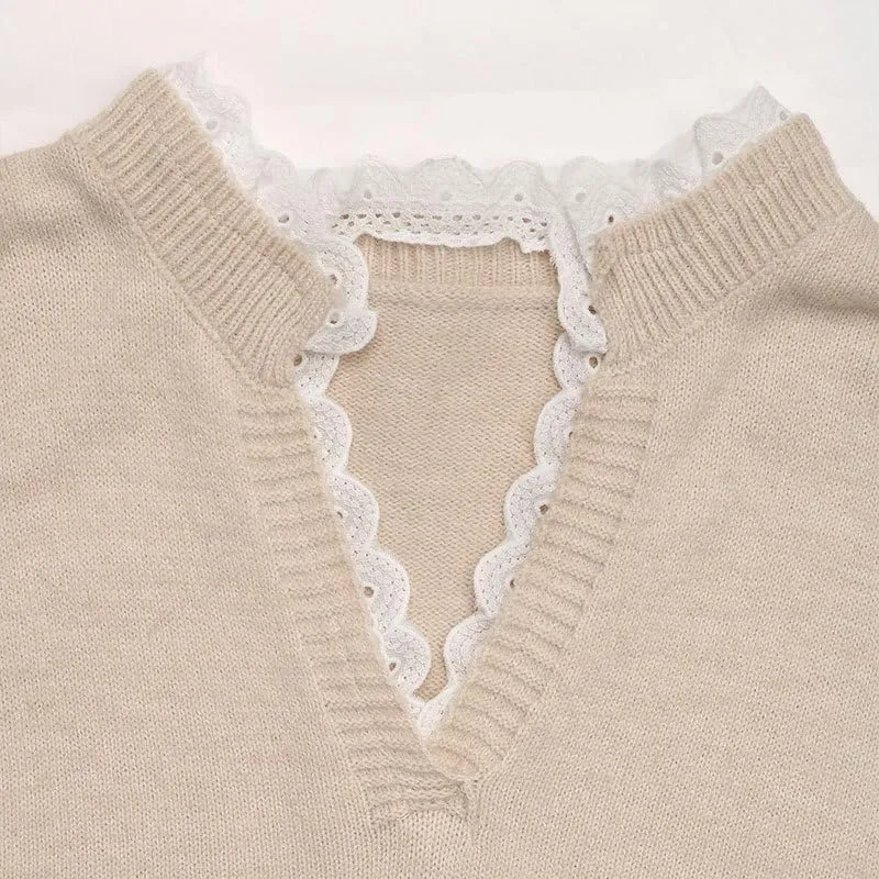 Cute Heart Print Sweater for Women - V-Neck Sweater Pullovers with Lace Trim, Knit Jumper