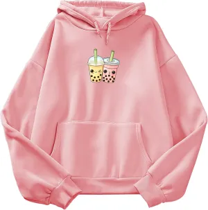 Cute Women's Milk Tea Hoodie Kawaii Y2K Cartoon Oversized Long Sleeves Aesthetic Hooded Sweatshirts for Teens(Pink,L)