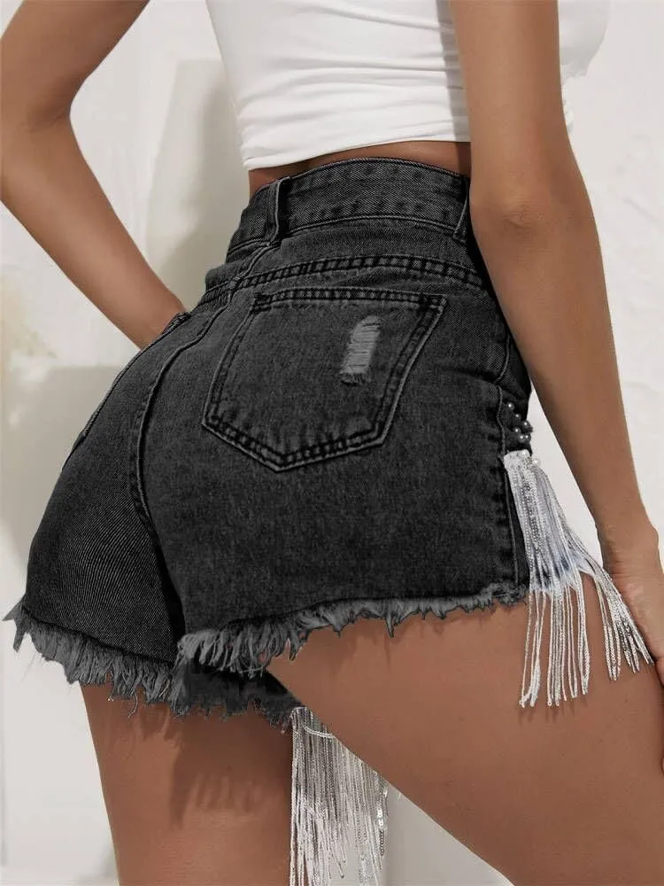 Cyparel Women Summer Denim Shorts High Waisted Ripped Rhinestone Pearl Beaded Fringe Tassels Frayed Raw Hem Blue Jean Shorts