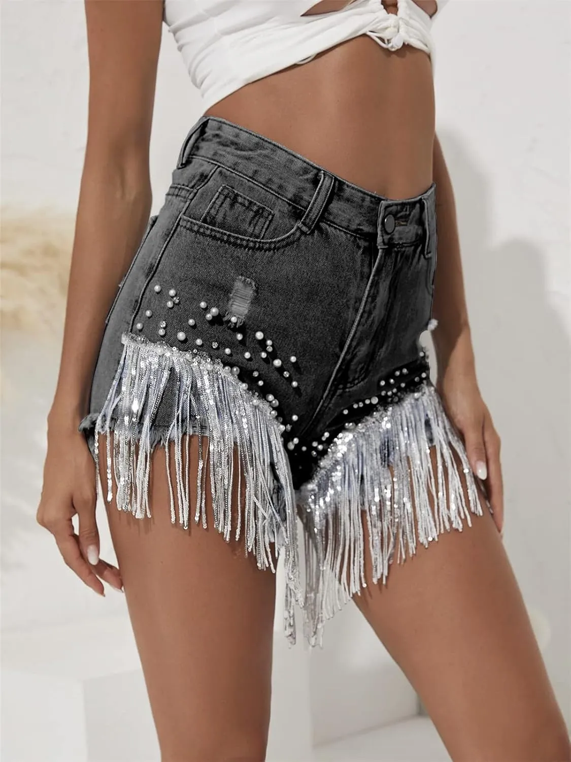 Cyparel Women Summer Denim Shorts High Waisted Ripped Rhinestone Pearl Beaded Fringe Tassels Frayed Raw Hem Blue Jean Shorts