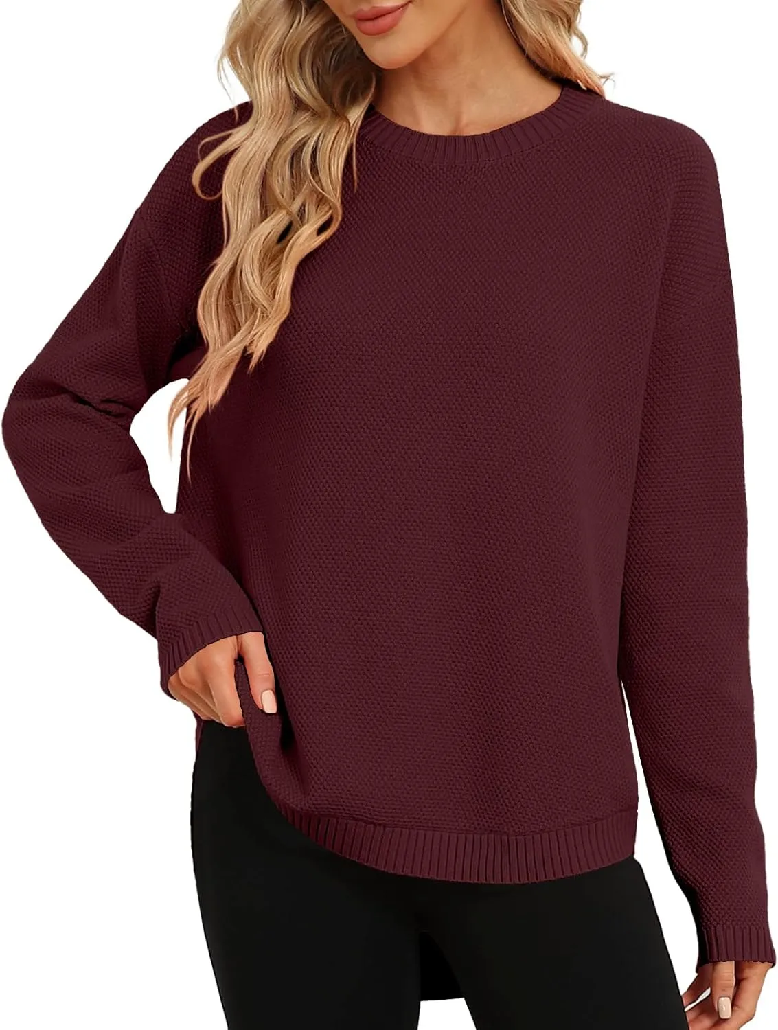 DB MOON Women Crewneck Long Sleeve Knitted Sweater 2025 Loose Fit Soft Solid Pullover