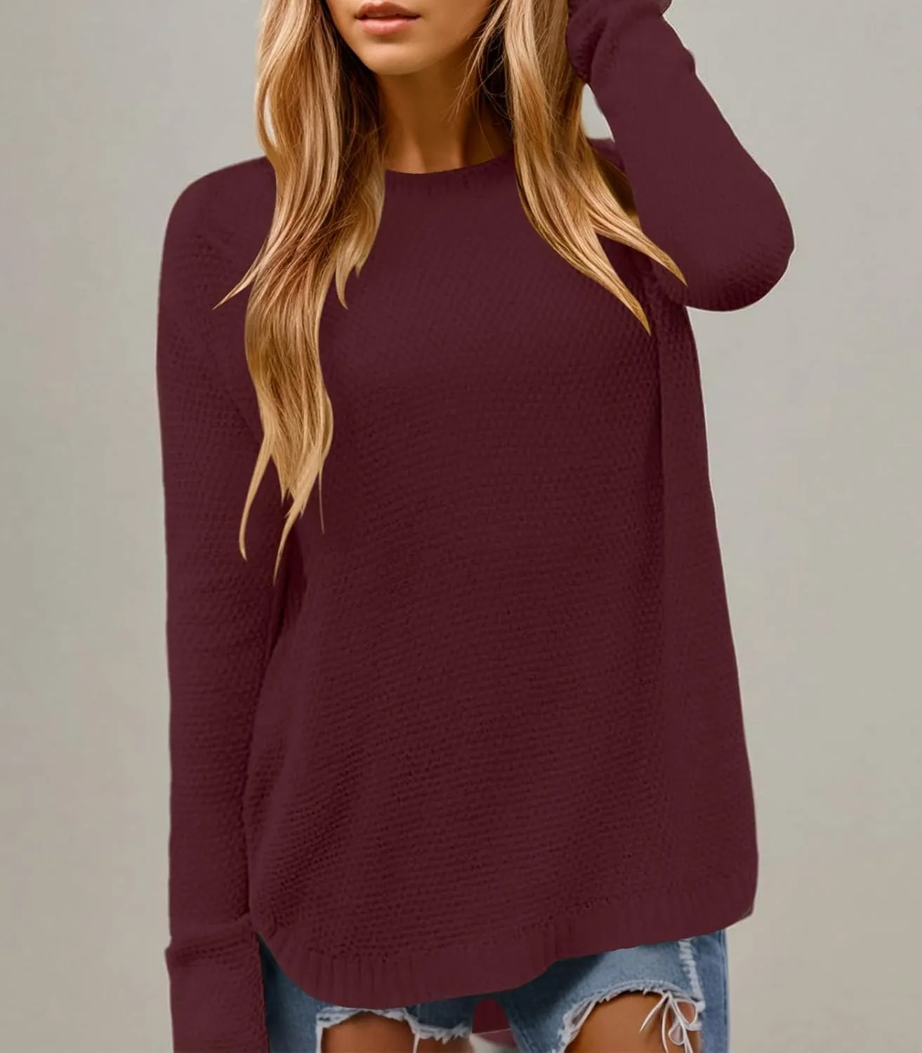 DB MOON Women Crewneck Long Sleeve Knitted Sweater 2025 Loose Fit Soft Solid Pullover