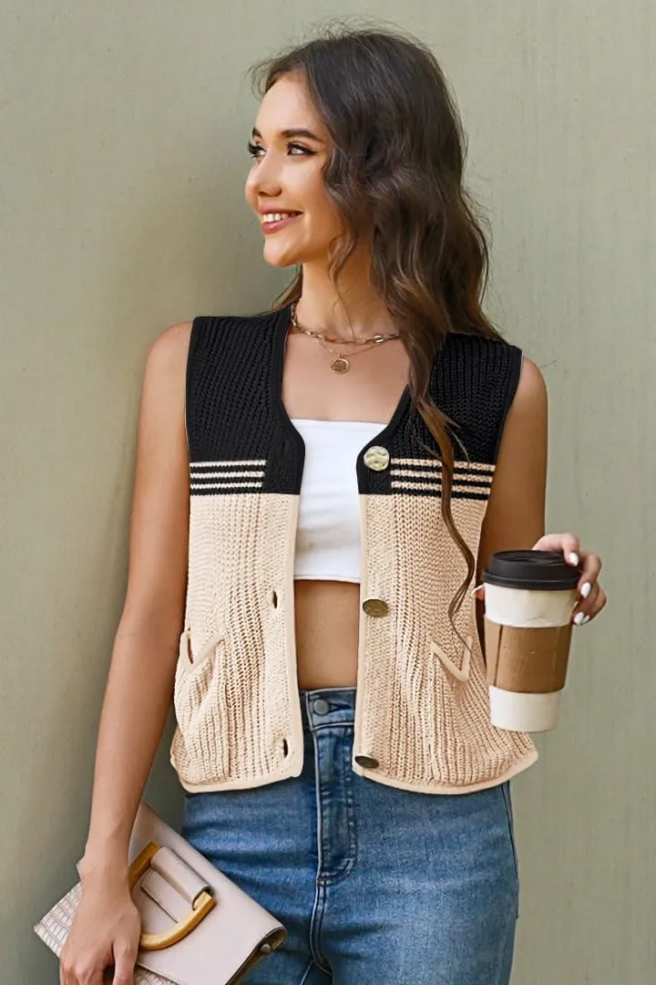 Disamer Sleeveless Sweater Vest for Women Crochet Knit Button Down Crop Cardigan Sleeveless Tank Tops with Pockets