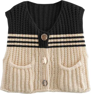 Disamer Sleeveless Sweater Vest for Women Crochet Knit Button Down Crop Cardigan Sleeveless Tank Tops with Pockets