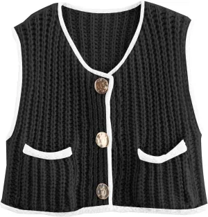 Disamer Sleeveless Sweater Vest for Women Crochet Knit Button Down Crop Cardigan Sleeveless Tank Tops with Pockets