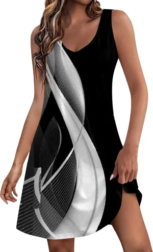 Dresses for Women 2024 Pockets Printed Tank Dresses Sleeveless V Neck Sundresses Trendy Elegant Mini Dresses