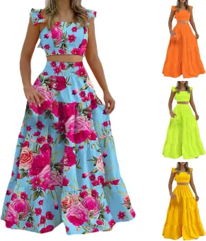 Dresses for Women 2024 Sleeveless Patchwork Square Neck Summer Floral Maxi Dress Sundresses Ruffle Hem Casual Party Dresses