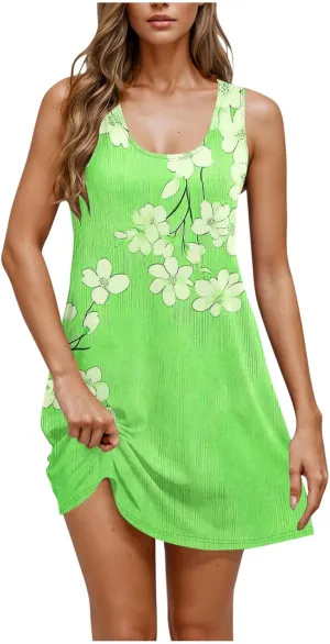 Dresses for Women 2025 Casual Floral Print Sleeveless Crewneck Flowy Mini Dress A Line Summer Beach Vacation Sundress