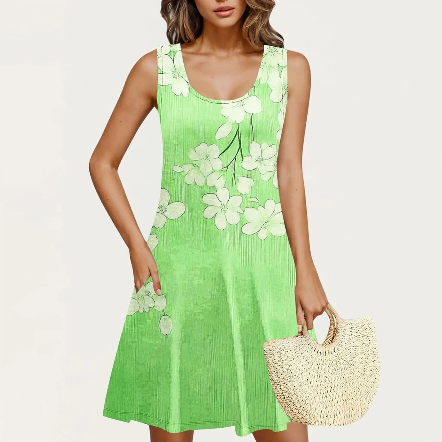 Dresses for Women 2025 Casual Floral Print Sleeveless Crewneck Flowy Mini Dress A Line Summer Beach Vacation Sundress