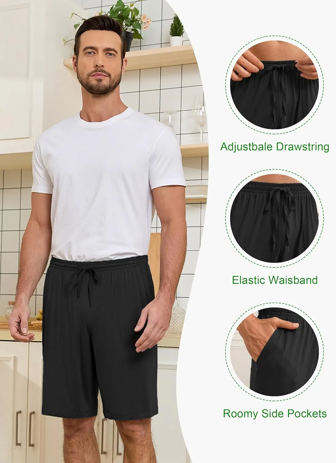 EA'S SECRET Mens Pajama Shorts Bamboo Drawstring Men's Sleep Shorts Soft Lounge Pajama Bottoms with Pockets 2 Pack