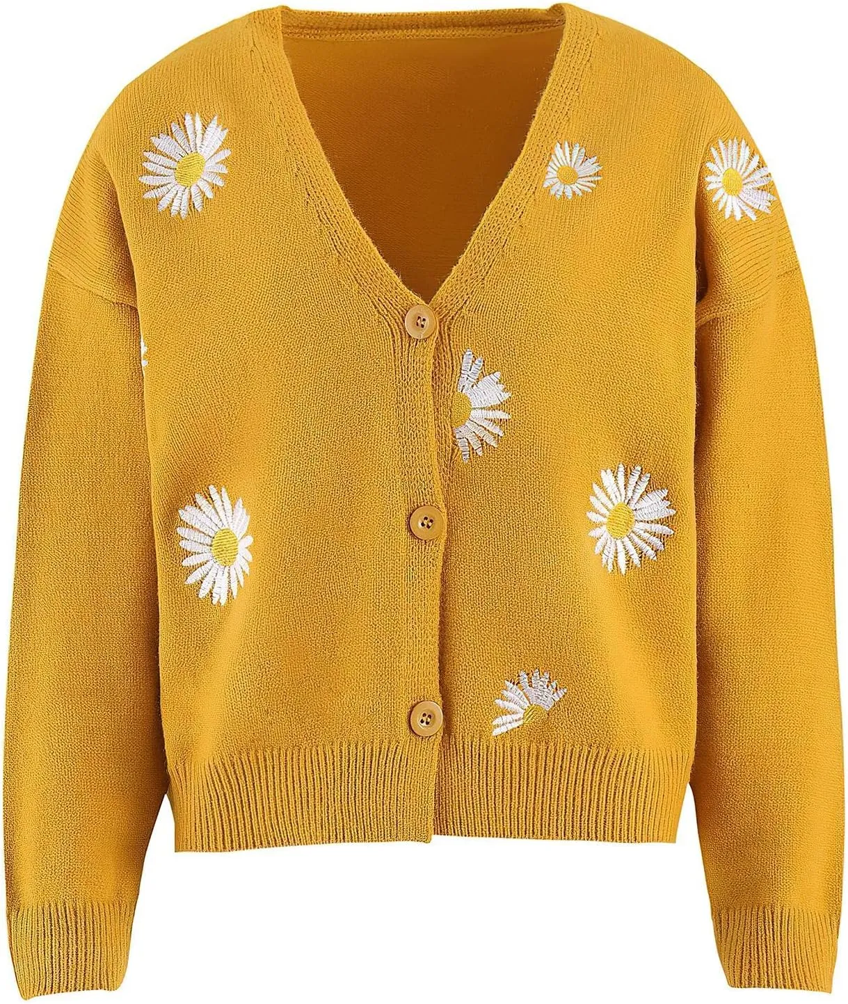 ebossy Women's Cute Embroidery Daisy Floral Knit Cardigan Open Front Button Up Y2K Artistic Aesthetic Sweater Outwear