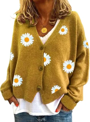 ebossy Women's Cute Embroidery Daisy Floral Knit Cardigan Open Front Button Up Y2K Artistic Aesthetic Sweater Outwear