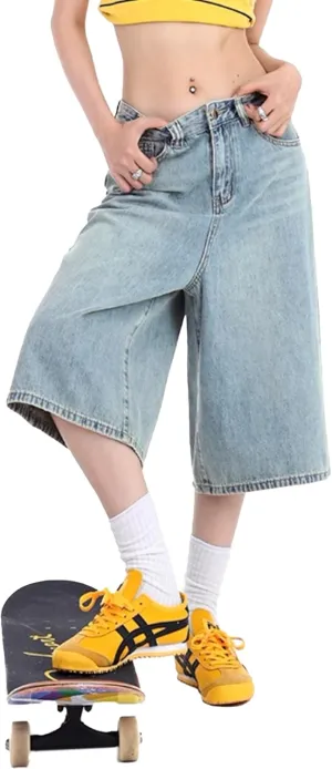 EMMIOL Womens Jorts Jean Baggy Shorts Casual 2025 Summer Trendy Wide Leg Long Denim Shorts Y2K Streetwear