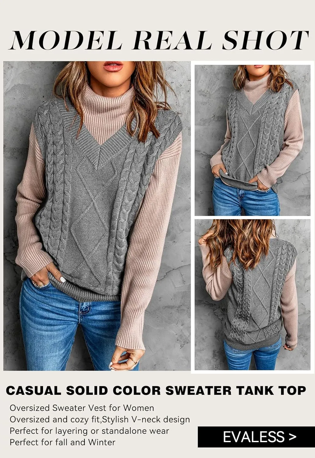 EVALESS Oversized Sweater Vest for Women V Neck Sleeveless Solid Color Loose Pullover Sweater