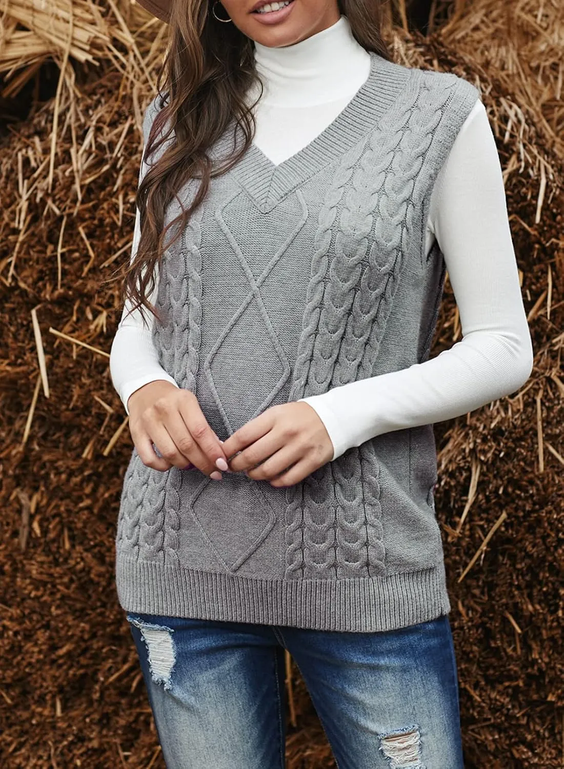 EVALESS Oversized Sweater Vest for Women V Neck Sleeveless Solid Color Loose Pullover Sweater