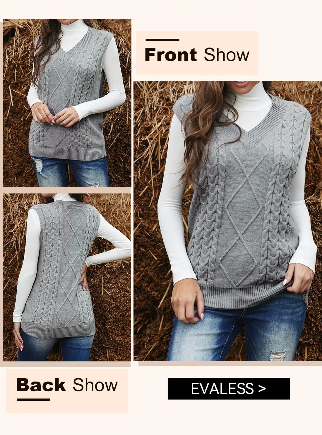 EVALESS Oversized Sweater Vest for Women V Neck Sleeveless Solid Color Loose Pullover Sweater