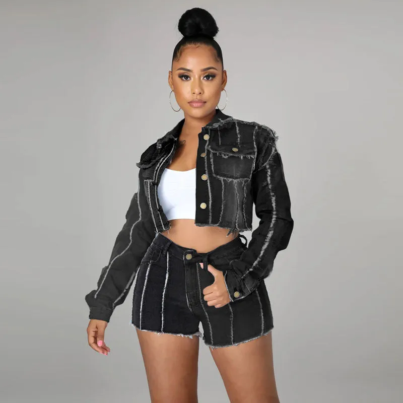 Fashion Long Sleeve Striped Single-Breasted Denim Jacket Wholesale Womens Clothing