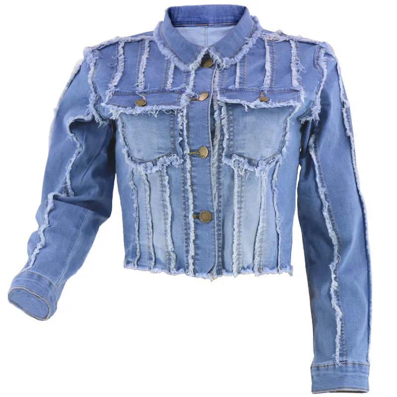 Fashion Long Sleeve Striped Single-Breasted Denim Jacket Wholesale Womens Clothing