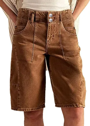 Flamingals Bermuda Shorts for Women Denim Mid Rise Double Button Long Shorts Casual Vintage with Patch Pocket