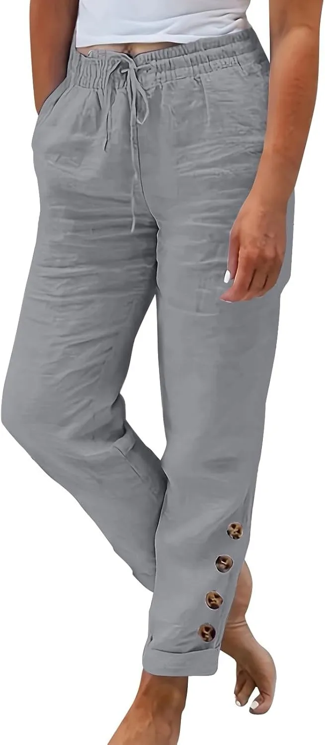 FlekmanArt Linen Pants Women Summer,Wide Leg Casual Cotton Linen Pants High Waisted Drawstring Lounge Pants Beach Trousers