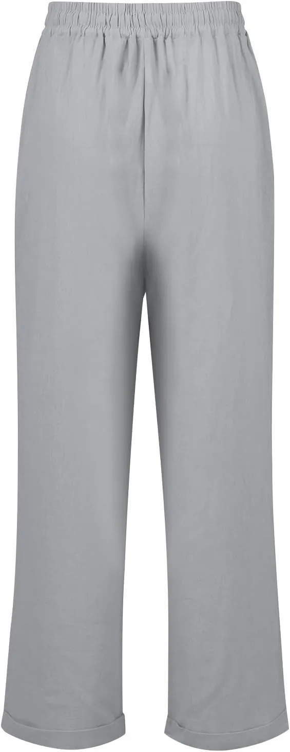 FlekmanArt Linen Pants Women Summer,Wide Leg Casual Cotton Linen Pants High Waisted Drawstring Lounge Pants Beach Trousers