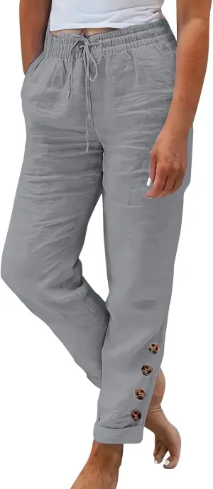 FlekmanArt Linen Pants Women Summer,Wide Leg Casual Cotton Linen Pants High Waisted Drawstring Lounge Pants Beach Trousers