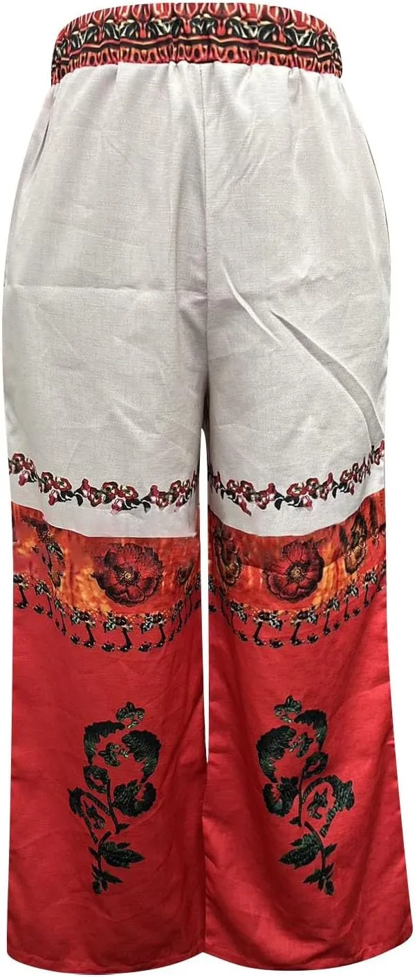 Flowy Pants for Women Baggy High Waist Drawsting Linen Palazzo Trouser Boho Floral Embroidered Wide Leg Beach Bottoms