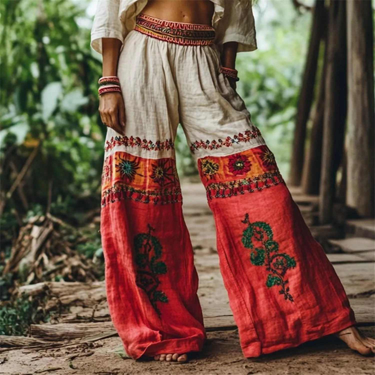 Flowy Pants for Women Baggy High Waist Drawsting Linen Palazzo Trouser Boho Floral Embroidered Wide Leg Beach Bottoms