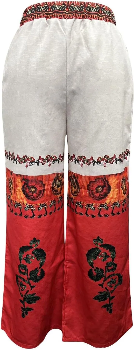 Flowy Pants for Women Baggy High Waist Drawsting Linen Palazzo Trouser Boho Floral Embroidered Wide Leg Beach Bottoms