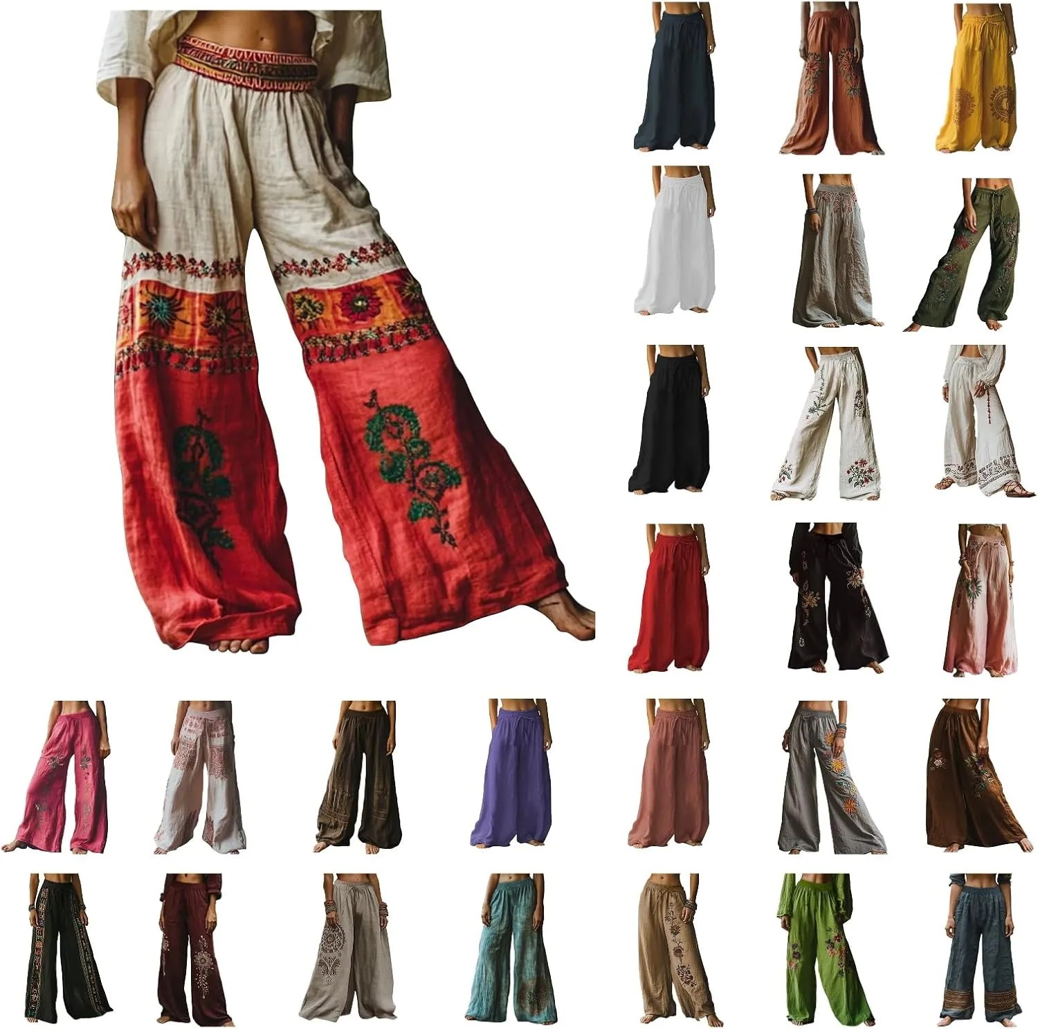 Flowy Pants for Women Baggy High Waist Drawsting Linen Palazzo Trouser Boho Floral Embroidered Wide Leg Beach Bottoms
