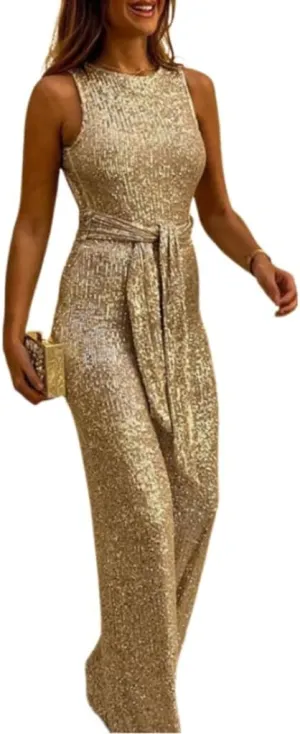 Formal Sequin Jumpsuit for Women Sleeveless Crewneck Dressy Elegant Straight Overalls Bodycon Wide Leg Long Pants Rompers