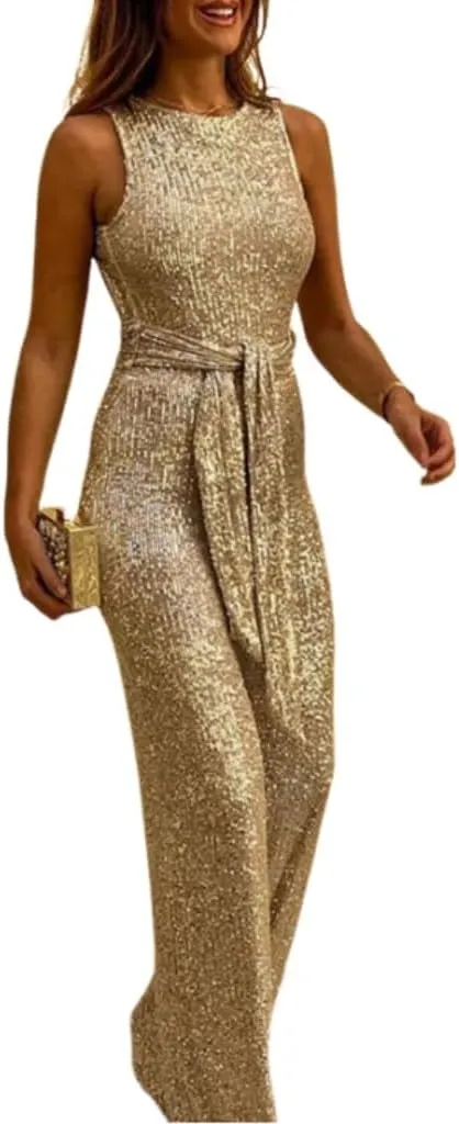 Formal Sequin Jumpsuit for Women Sleeveless Crewneck Dressy Elegant Straight Overalls Bodycon Wide Leg Long Pants Rompers