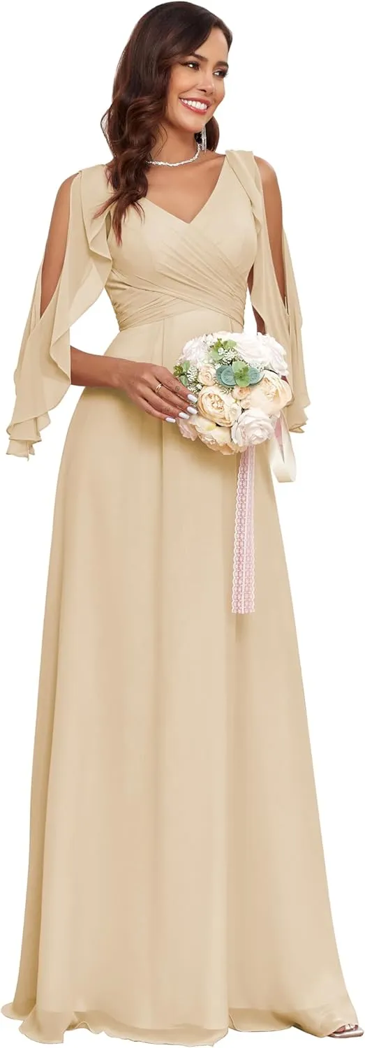 GARDOM Half Sleeve Chiffon Bridesmaid Dresses for Women Cold Shoulder Formal Dress for Wedding 2025 V Neck Evening Gowns