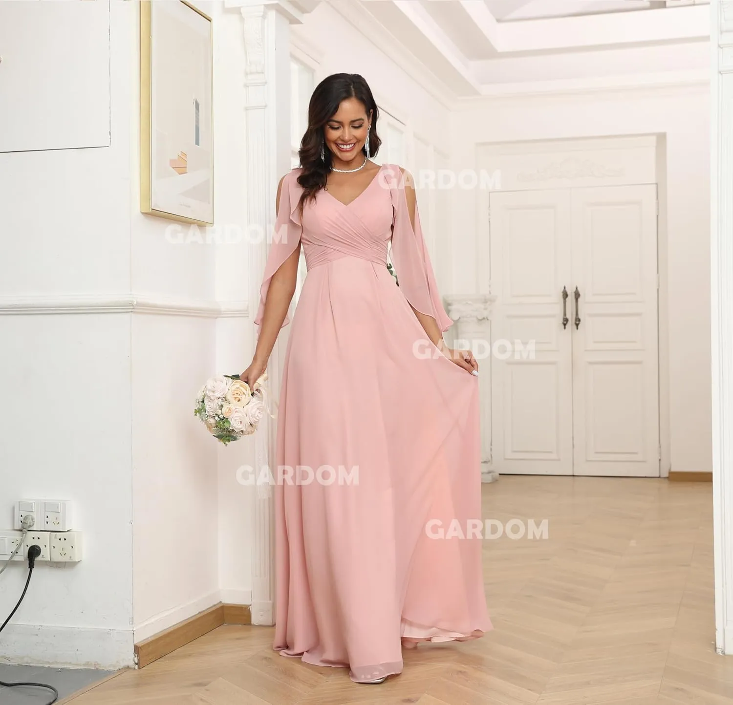 GARDOM Half Sleeve Chiffon Bridesmaid Dresses for Women Cold Shoulder Formal Dress for Wedding 2025 V Neck Evening Gowns