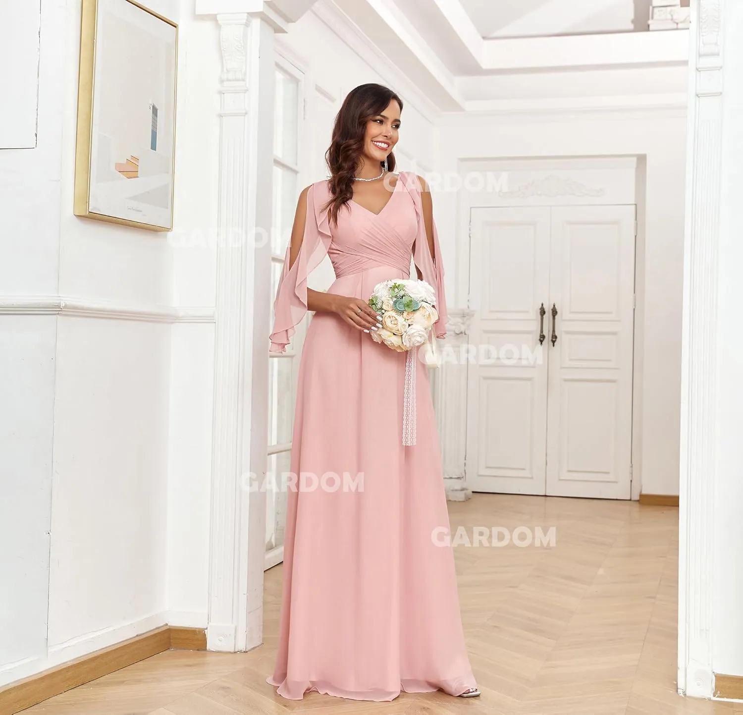 GARDOM Half Sleeve Chiffon Bridesmaid Dresses for Women Cold Shoulder Formal Dress for Wedding 2025 V Neck Evening Gowns