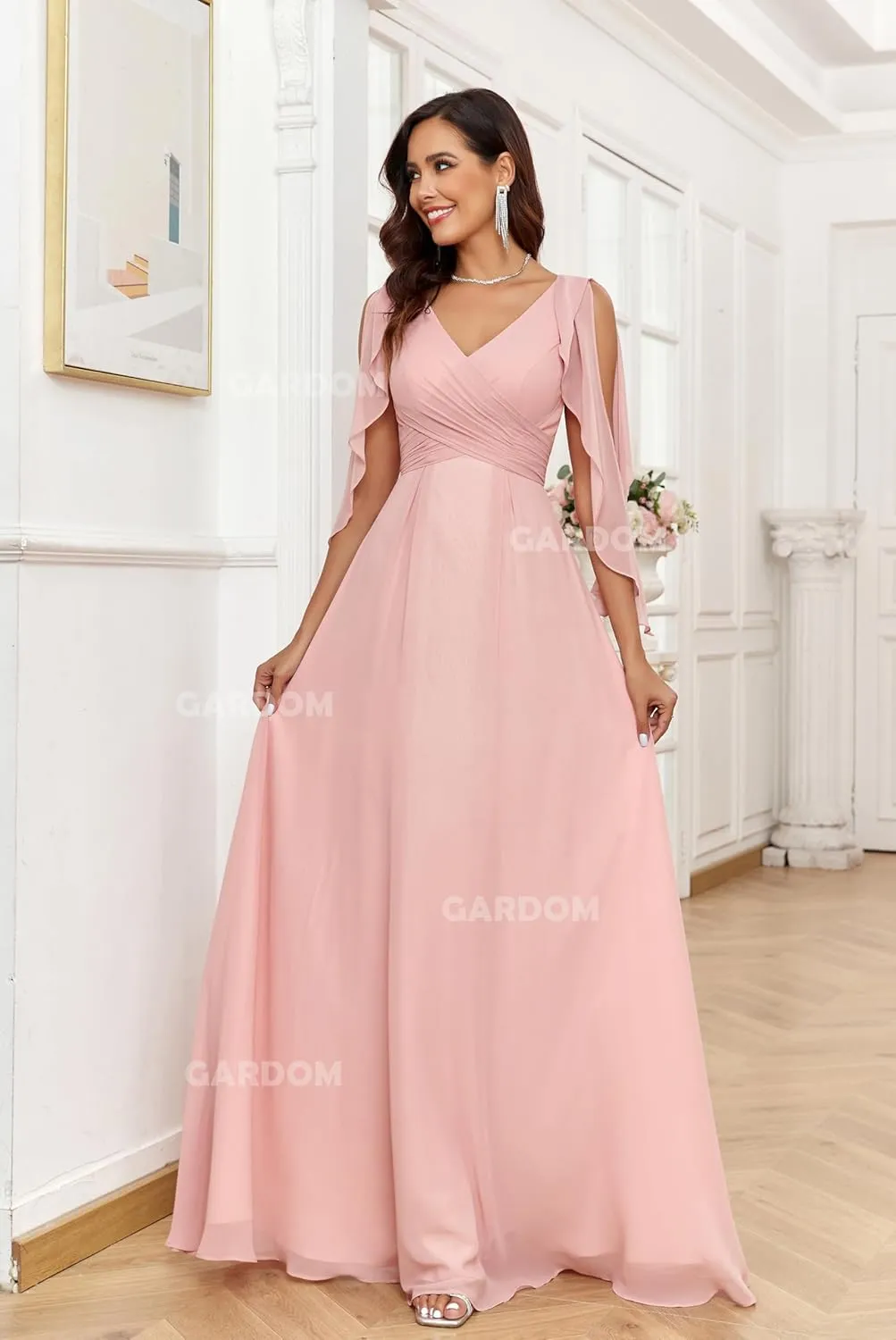 GARDOM Half Sleeve Chiffon Bridesmaid Dresses for Women Cold Shoulder Formal Dress for Wedding 2025 V Neck Evening Gowns