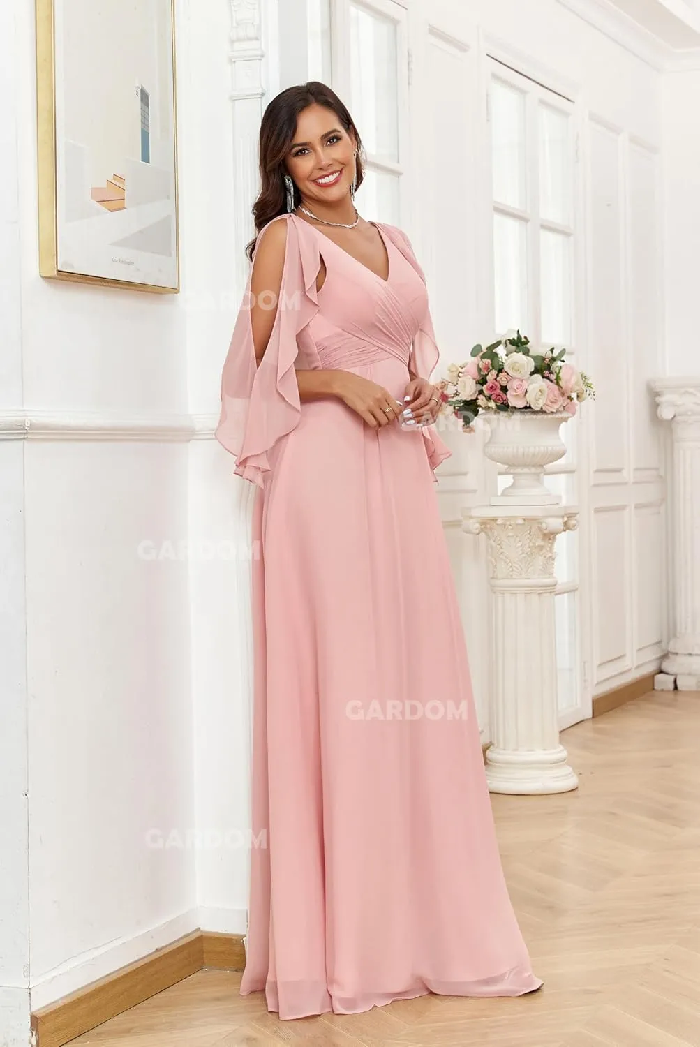 GARDOM Half Sleeve Chiffon Bridesmaid Dresses for Women Cold Shoulder Formal Dress for Wedding 2025 V Neck Evening Gowns