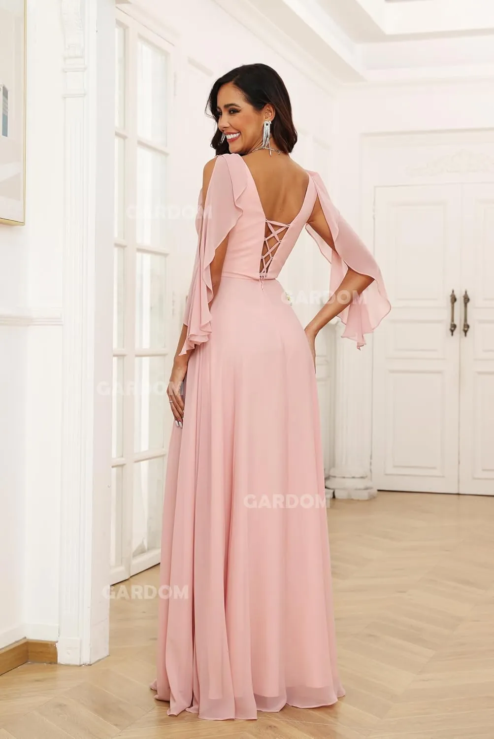 GARDOM Half Sleeve Chiffon Bridesmaid Dresses for Women Cold Shoulder Formal Dress for Wedding 2025 V Neck Evening Gowns