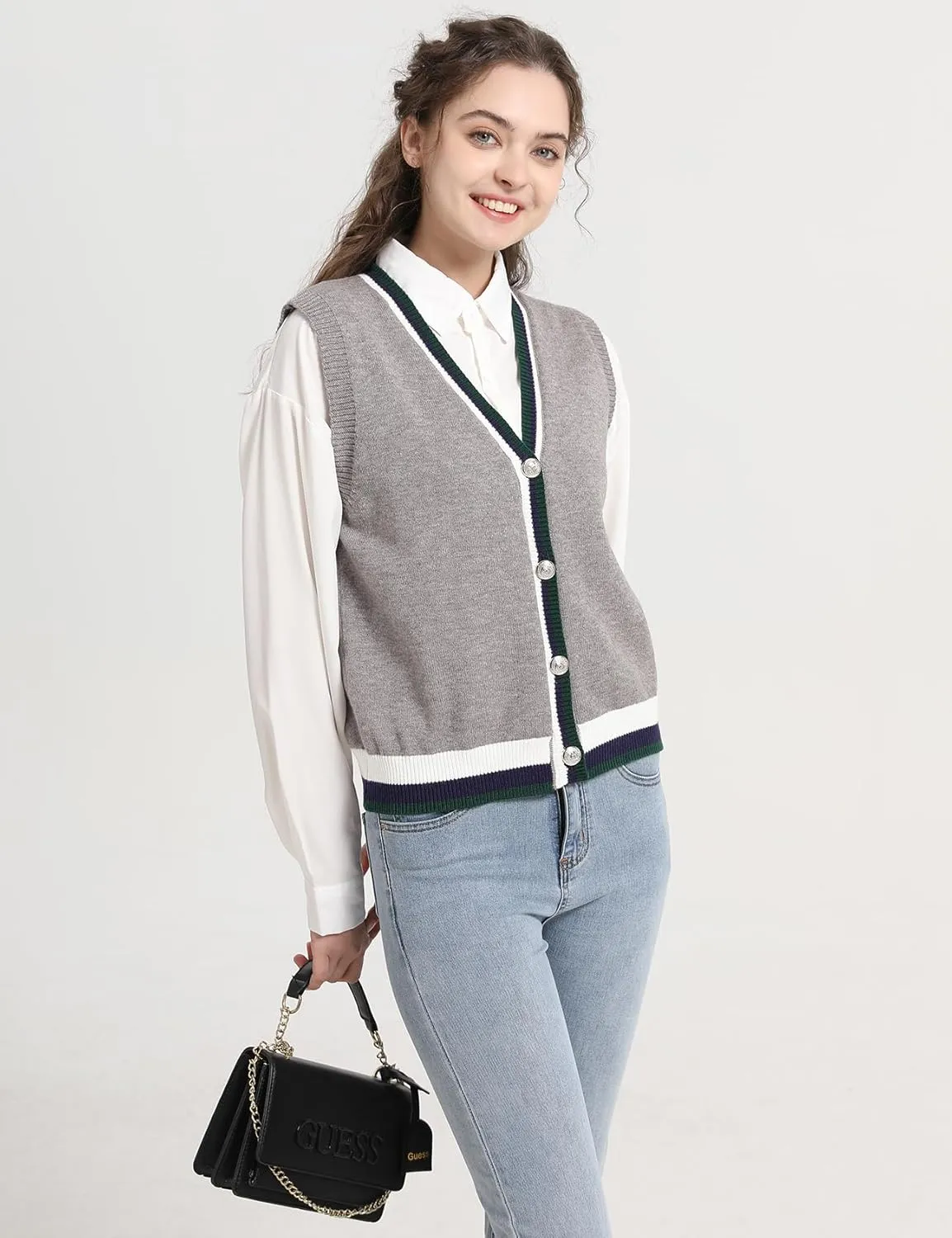 Gihuo Sweater Vest Women Casual V Neck Button Down Sleeveless Knit Cardigan Vest Fashion Sweater Tank Tops