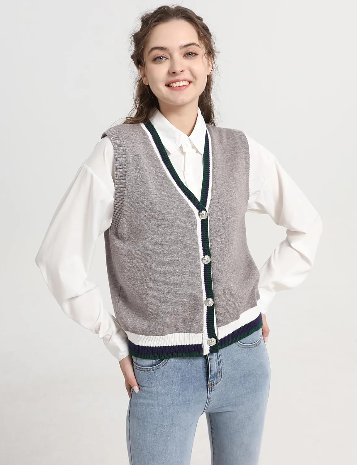 Gihuo Sweater Vest Women Casual V Neck Button Down Sleeveless Knit Cardigan Vest Fashion Sweater Tank Tops
