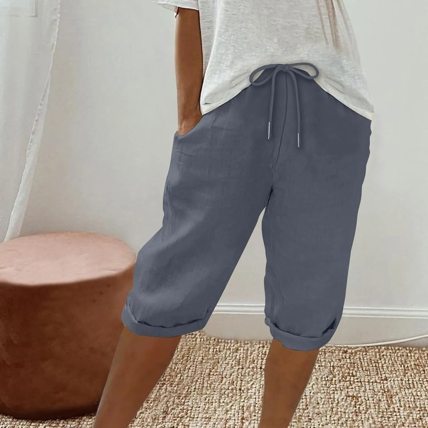 GOFULY Bermuda Shorts for Women Knee Length Cotton Linen Elastic Waist Drawstring Shorts Summer Capris Pants with Pockets
