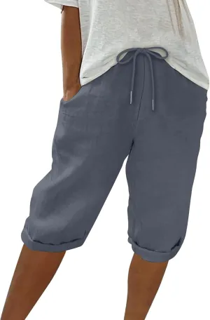 GOFULY Bermuda Shorts for Women Knee Length Cotton Linen Elastic Waist Drawstring Shorts Summer Capris Pants with Pockets