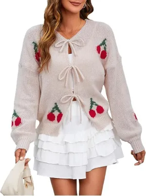 GORGLITTER Women's Bow Front Tie Cardigan Cherry Sweater Y2k Open Front Chunky Knit Sweater Cardigan