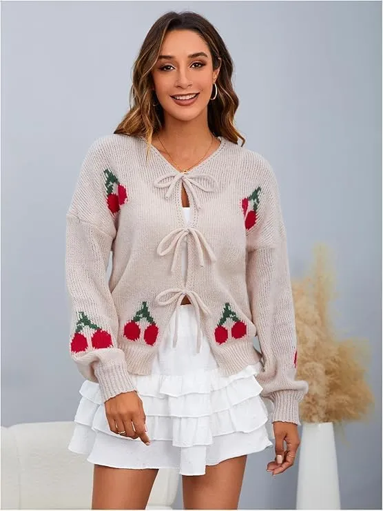 GORGLITTER Women's Bow Front Tie Cardigan Cherry Sweater Y2k Open Front Chunky Knit Sweater Cardigan
